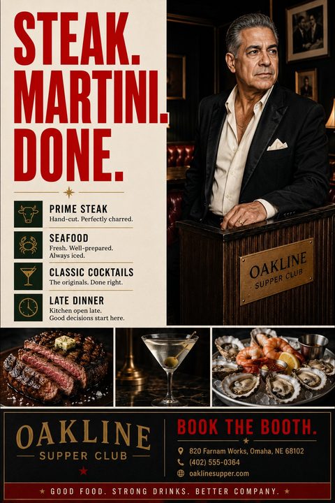 A vintage-style restaurant flyer featuring bold red text reading STEAK. MARTINI. DONE. alongside photos of a distinguished host, sliced steak, a martini, and a seafood platter.