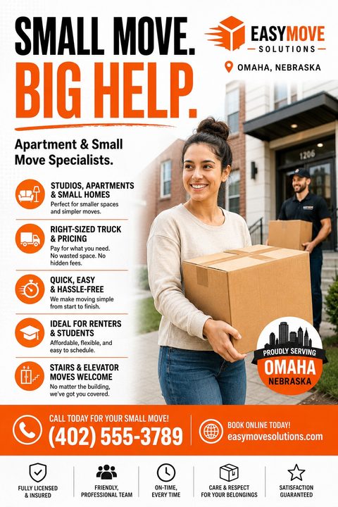 A moving company flyer featuring a bold orange and black headline 'Small Move. Big Help.' A woman carries a cardboard box, with a mover behind her. Includes service icons and contact details.