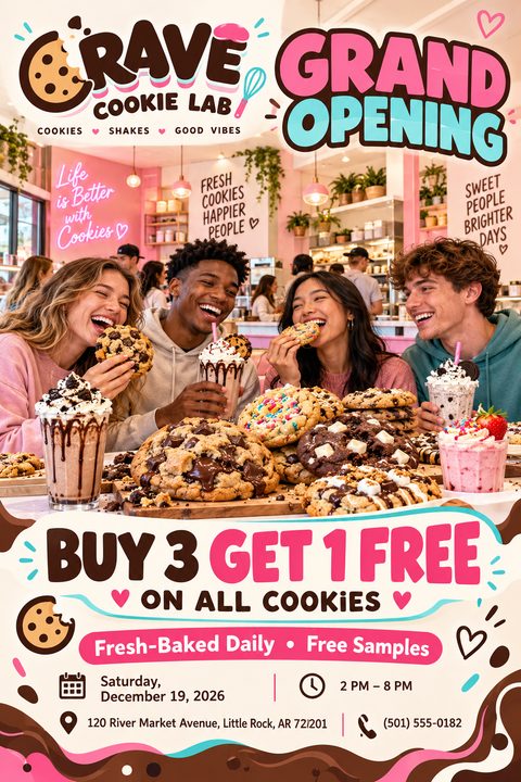 A vibrant grand opening flyer for a cookie shop featuring a large photo of four friends eating giant cookies and milkshakes. Bold pink, blue, and brown text highlights a buy three get one free offer.