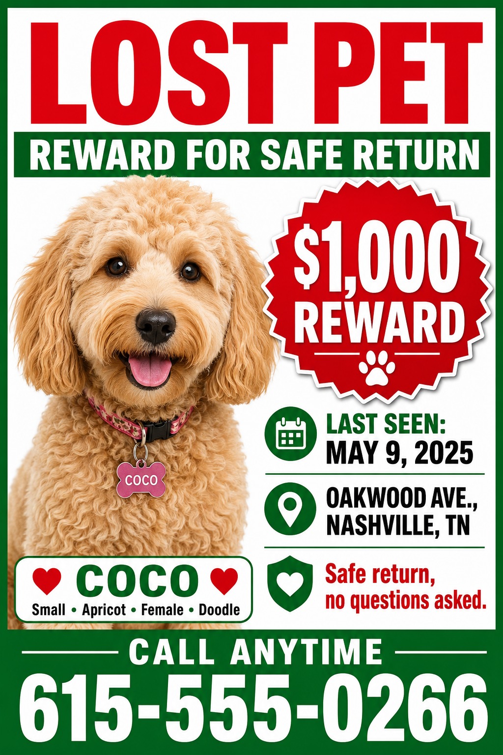 A bold lost pet flyer featuring a large red headline, a prominent red starburst reward badge, green banners for contact info, and a central photo of a fluffy dog.