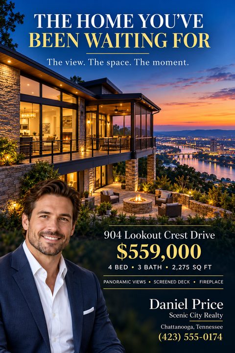 Real estate flyer template featuring a large twilight photo of a luxury home overlooking a river, with a prominent agent portrait, property details, and contact information.