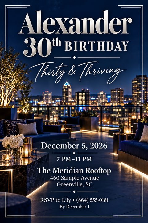 A sophisticated birthday party flyer featuring a nighttime rooftop lounge with plush seating, candles, and a city skyline background. Elegant silver typography displays the event details and RSVP information.