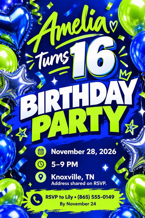 A vibrant birthday party flyer featuring bright neon green and blue balloons, confetti, and bold white and green text over a dark blue background, with space for event details and RSVP information.