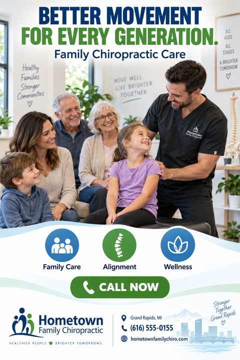 Flyer for Hometown Family Chiropractic. Headline reads 'Better Movement For Every Generation. Family Chiropractic Care'. Shows a chiropractor treating a young girl while her family watches. Icons for Family Care, Alignment, and Wellness.