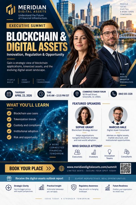 A corporate summit flyer template with a blue and gold color scheme. The top half features a photo of two professionals against a city skyline. The bottom half includes event details, a 'What You'll Learn' section, featured speaker profiles, and a.