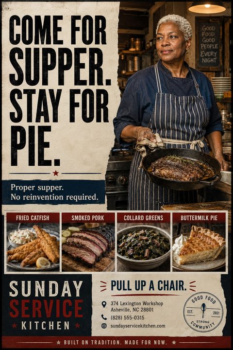 A rustic restaurant flyer with a torn paper effect. The top half shows a chef holding a cast iron skillet with a roast. The bottom half features four smaller photos of fried catfish, smoked pork, collard greens, and buttermilk pie, above the.