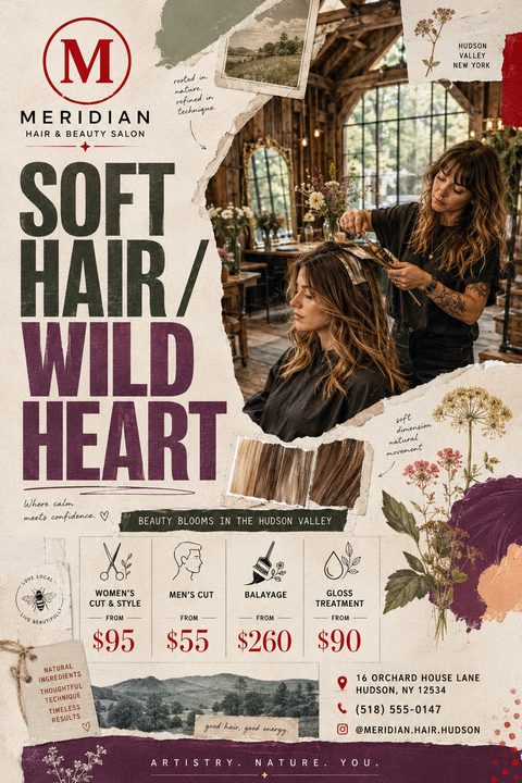A vintage-style hair salon flyer with torn paper edges, botanical illustrations, and a photo of a stylist coloring a client's hair. It features a price list for cuts and treatments in earthy tones.