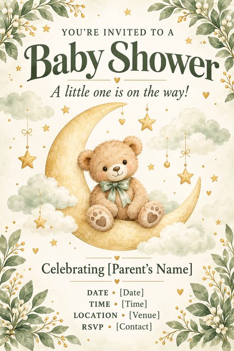 Baby shower invitation flyer featuring a watercolor illustration of a teddy bear sitting on a crescent moon surrounded by clouds and stars. The text reads 'You're invited to a Baby Shower. A little one is on the way!' with placeholders for parent's.
