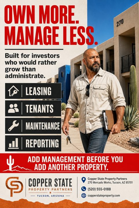 Property management flyer template with a large photo of a man holding a clipboard and keys outside an apartment building. Bold red text reads 'Own More. Manage Less.' Below are icons for Leasing, Tenants, Maintenance, and Reporting.