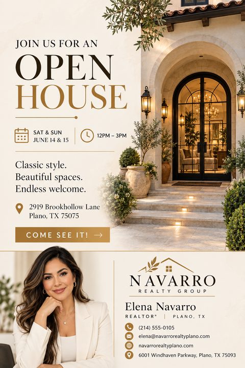 Real estate open house flyer template featuring a large photo of an elegant arched doorway, sophisticated typography, and a section for the realtor's photo and contact information.