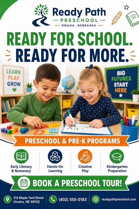 Preschool flyer template with a photo of two young children playing and learning at a table. Text reads 'Ready for School. Ready for More.' and 'Preschool & Pre-K Programs'. Includes icons for early literacy, hands-on learning, creative play, and.