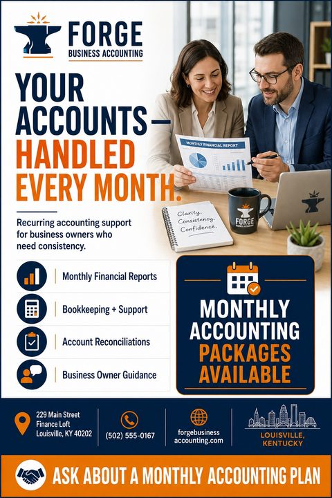 Flyer for Forge Business Accounting offering monthly accounting packages. Features a photo of two professionals reviewing a financial report, a list of services with icons, and contact information at the bottom.