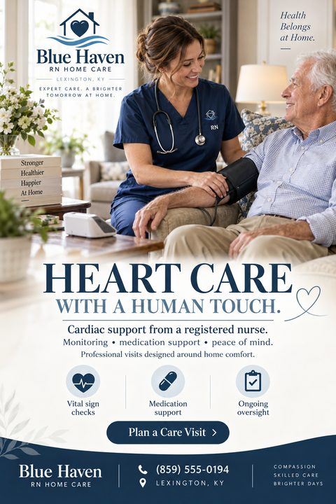 Home Health Care Services Flyer template featuring a photo of a nurse taking an elderly man's blood pressure in a living room. Text reads 'Heart Care With A Human Touch' and lists services like vital sign checks and medication support.
