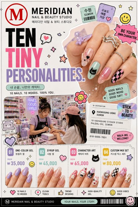 A trendy Y2K-style nail salon flyer featuring pastel colors, pixel art stickers, photos of custom character nail art, a salon interior, and a four-item gel manicure price menu.