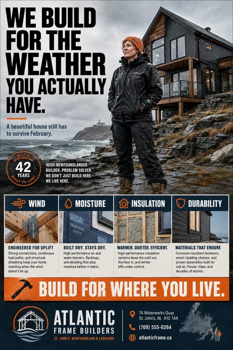 A rugged construction flyer featuring a builder in rain gear before a modern coastal home. Below, a four-column grid highlights wind, moisture, insulation, and durability building techniques with orange accents.