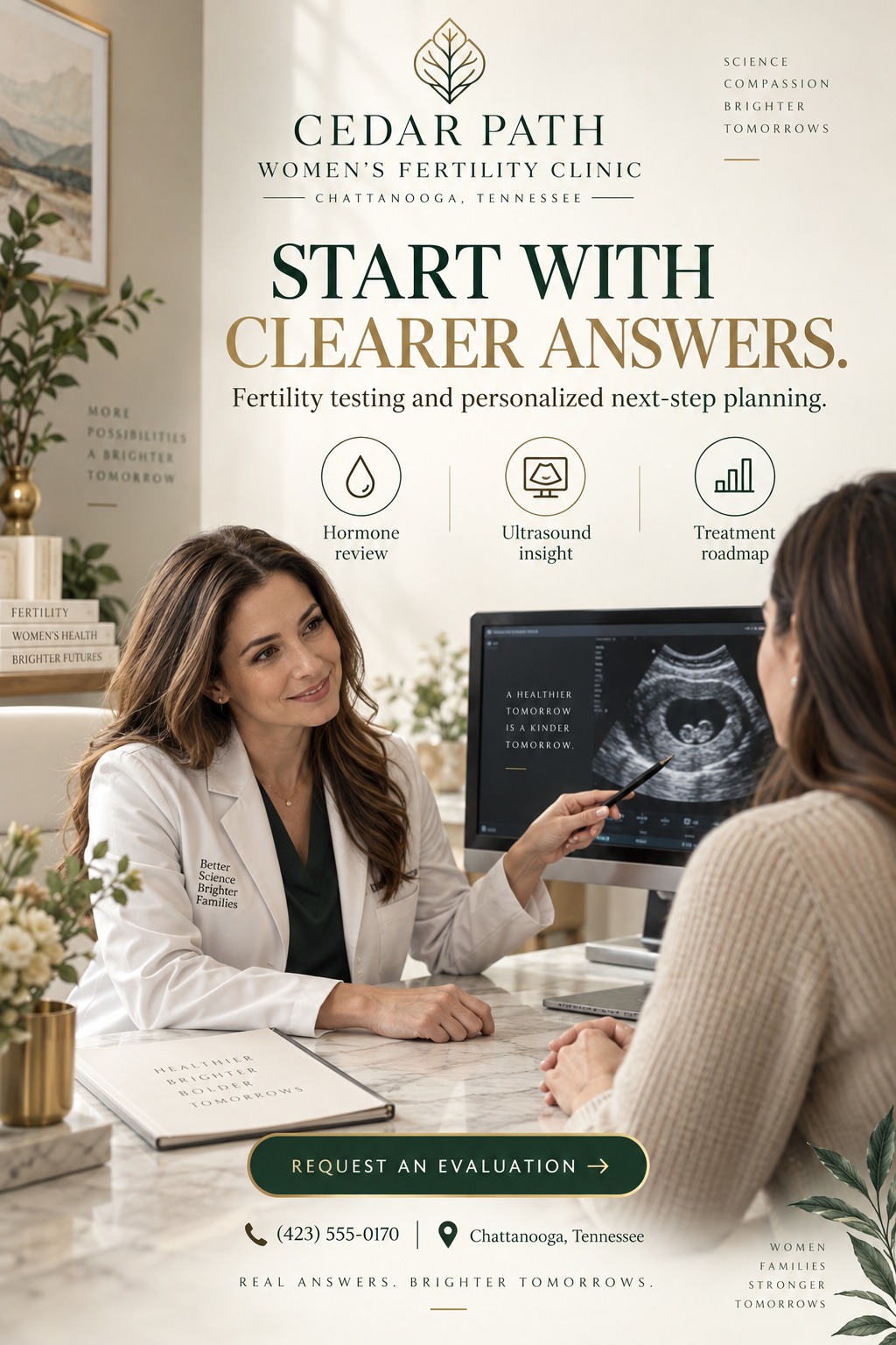 A flyer for a women's fertility clinic featuring a doctor consulting with a patient, showing an ultrasound on a computer screen. The design is elegant with dark green and gold text on a light background, highlighting services like hormone review and.