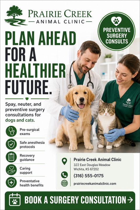 Veterinary clinic flyer with a photo of a male vet and female assistant smiling at a golden retriever puppy and a tabby cat on an exam table. Text reads 'Plan ahead for a healthier future.'