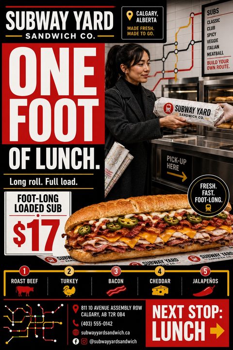 A sandwich shop flyer with a transit theme, featuring a large photo of a loaded sub sandwich, a customer picking up an order, subway map graphics, and bold red, black, and white text.
