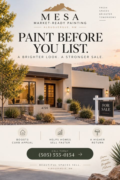 Flyer for a painting company titled 'Paint Before You List' featuring a modern southwestern style home with a 'For Sale' sign in the front yard.