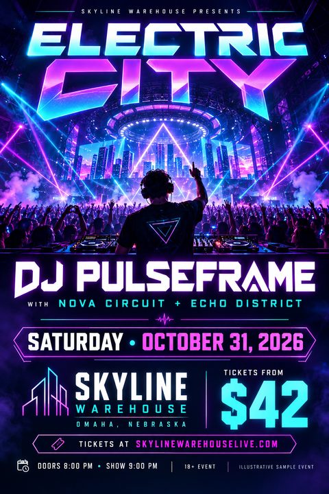 A high-energy electronic music concert flyer featuring a DJ performing for a large crowd, illuminated by bright neon pink and blue lasers and a futuristic skyline.