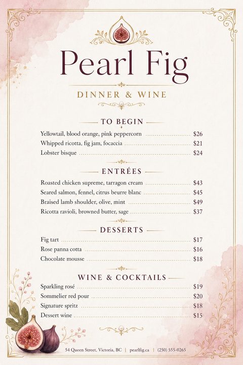 Elegant restaurant menu template with watercolor accents, featuring sections for appetizers, entrees, desserts, and drinks, with a fig illustration at the bottom.