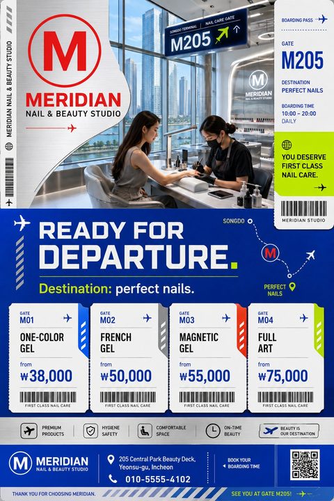 A nail salon menu flyer designed like an airline boarding pass. It features a photo of a woman getting a manicure, with services and prices listed on individual ticket stubs below.