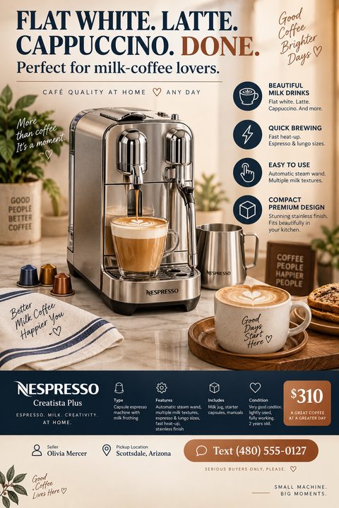 A for sale flyer featuring a large photo of an espresso machine on a kitchen counter. It includes a bold headline, icon-based feature lists, a price tag, and seller contact information.