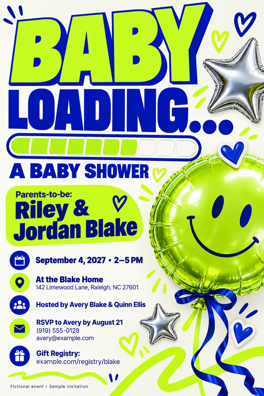 A fun baby shower invitation flyer featuring a "BABY LOADING..." headline with a progress bar. It includes a large lime green smiley face balloon, silver star balloons, and bold blue text on a white background.