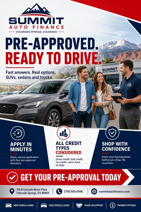 Auto finance flyer template with a red and blue color scheme. A photo shows a couple talking to a salesman next to a car. Text reads 'Pre-approved. Ready to drive.'