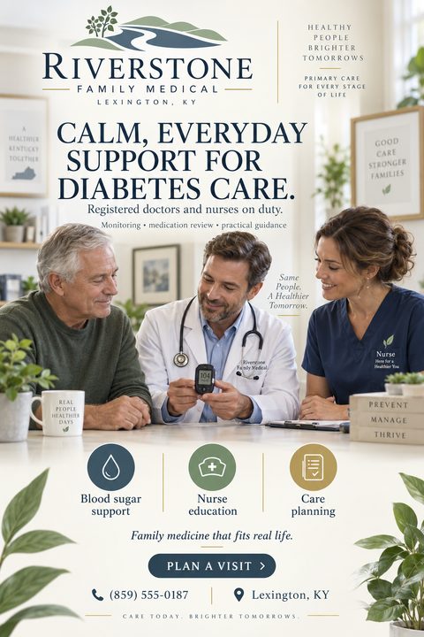 Flyer for Riverstone Family Medical promoting diabetes care. Shows a doctor and nurse showing a blood sugar monitor to an older male patient. Includes icons for blood sugar support, nurse education, and care planning.