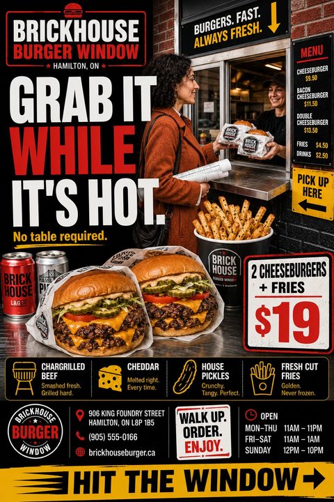 Flyer for a burger window featuring a woman picking up food, two large cheeseburgers, fries, and a special offer for 2 cheeseburgers and fries for $19. Bold red, white, and yellow text on a dark background.