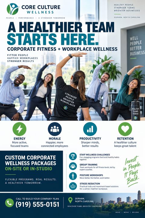Corporate Wellness Program Flyer with a photo of employees stretching in an office, icons for energy, morale, productivity, and retention, and a list of custom packages.