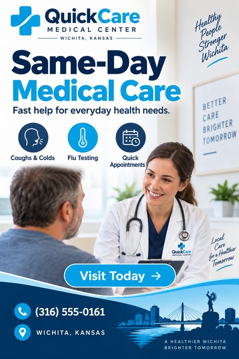 A medical flyer featuring a smiling female doctor consulting a male patient. It includes blue text, service icons for coughs and flu, a Visit Today button, and a blue city skyline silhouette at the bottom.