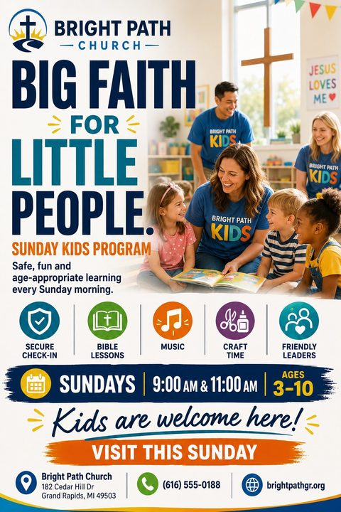 Church flyer for a Sunday Kids Program titled 'Big Faith for Little People'. Shows a photo of a teacher reading to children, with icons for secure check-in, Bible lessons, music, craft time, and friendly leaders.