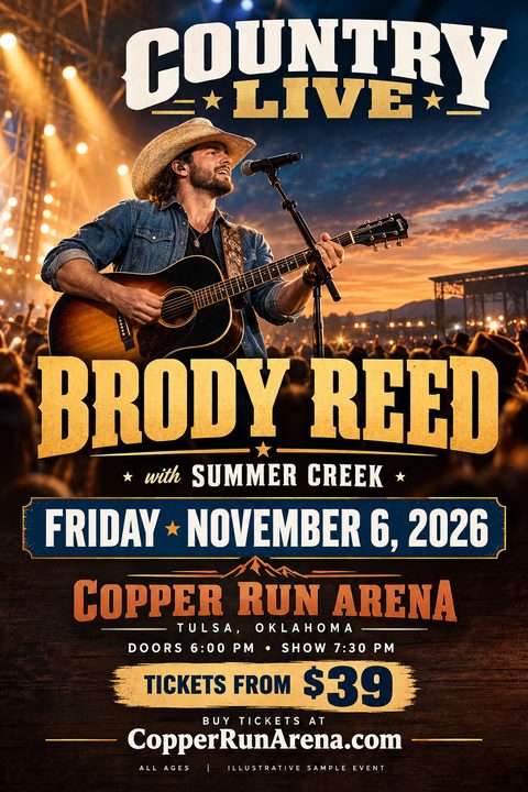 A country music concert flyer featuring a male singer playing acoustic guitar on stage at sunset. Large western-style text highlights the artist name, date, venue, and ticket price over a wood texture background.
