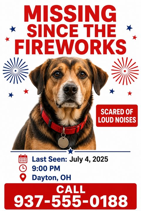 Missing dog flyer with a large photo of a brown and black dog. Bold red text reads 'MISSING SINCE THE FIREWORKS'. Decorated with red and blue stars and fireworks graphics. Includes last seen details and a large phone number.