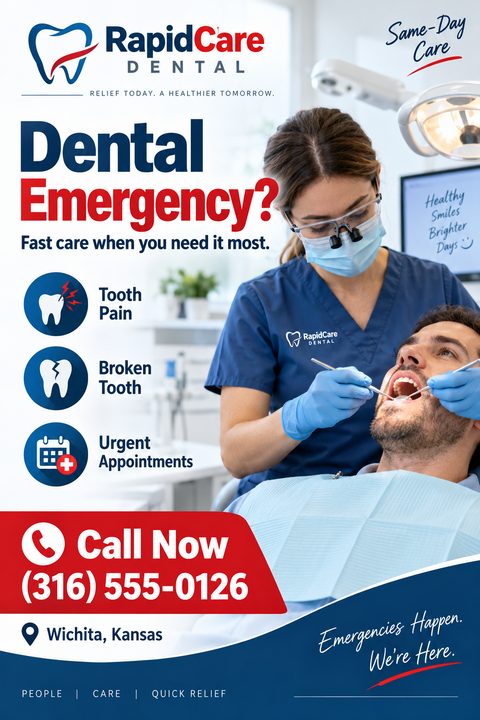A flyer for RapidCare Dental advertising emergency dental services. The flyer features a photo of a female dentist examining a male patient, along with icons for tooth pain, broken tooth, and urgent appointments. A large red banner displays a phone.