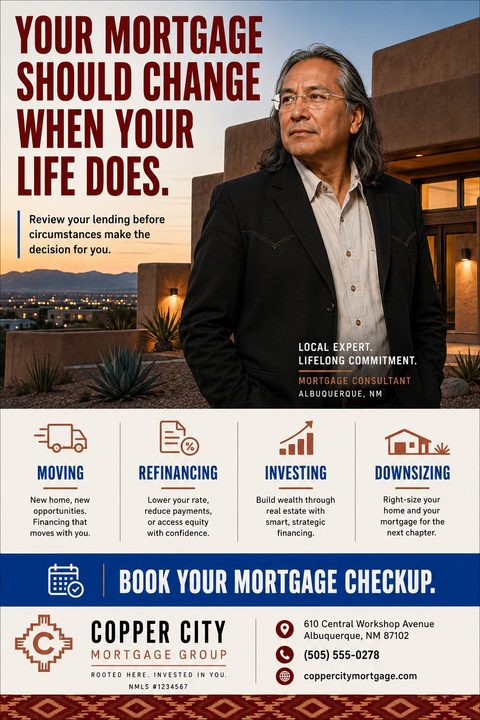Mortgage broker flyer with a photo of a man in front of a Southwestern-style home at dusk. Text reads 'Your mortgage should change when your life does.' Icons list moving, refinancing, investing, and downsizing.