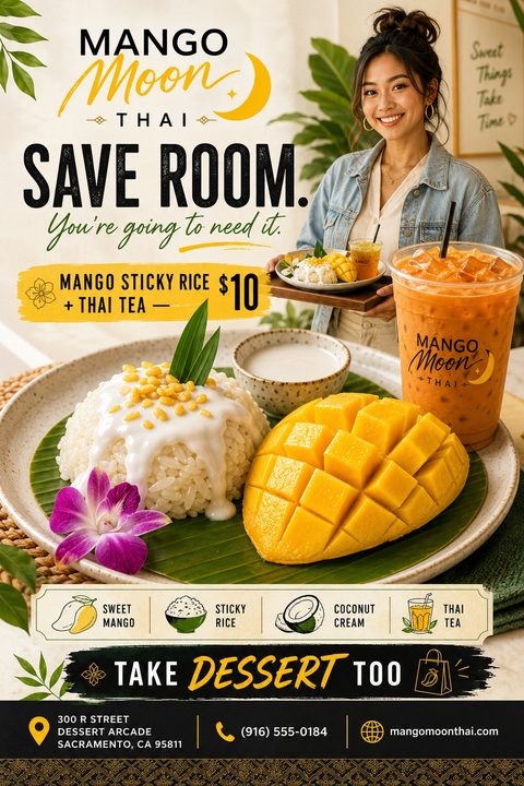A bright promotional flyer featuring a large photo of mango sticky rice and Thai iced tea, with yellow brushstroke accents, ingredient icons, and a smiling server.