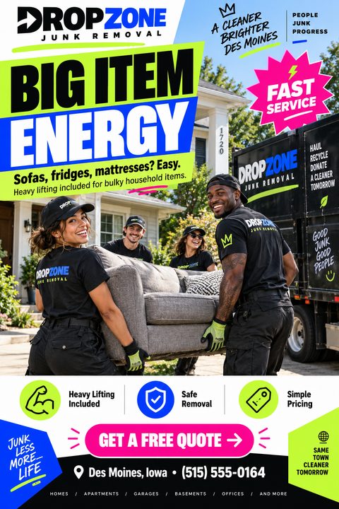A bold junk removal flyer featuring a team of four smiling workers carrying a grey sofa towards a black branded truck. Bright neon green, blue, and pink accents highlight the text and icons.