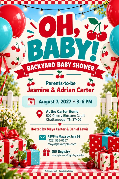 A baby shower invitation flyer with a cherry theme. It features red and teal text saying 'Oh, Baby! Backyard Baby Shower' with cherry graphics, balloons, and wrapped gifts on a red and white checkered tablecloth.