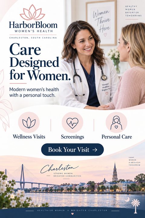 A flyer for a women's health clinic featuring a smiling female doctor talking to a patient, icons for wellness visits, screenings, and personal care, and a cityscape of Charleston, South Carolina at sunset.