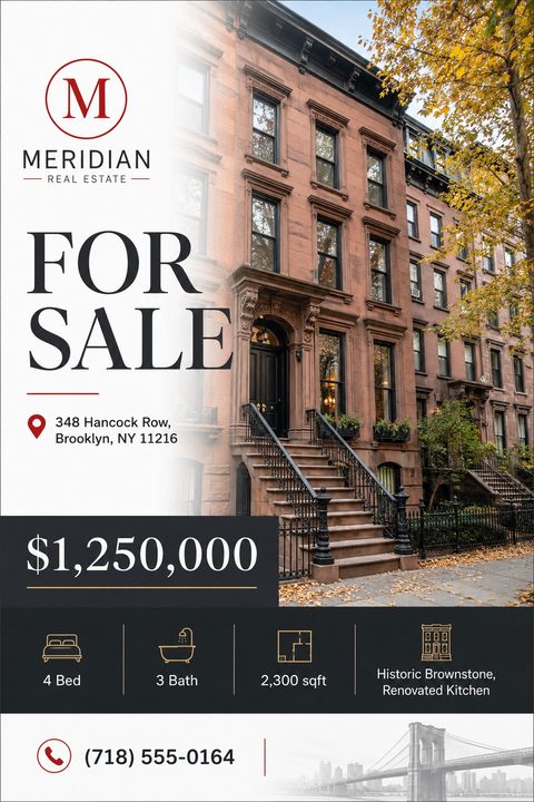 Real estate flyer for a property for sale. Features a large photo of a historic brownstone building on the right, fading into a white background on the left. Includes a logo, 'FOR SALE' text, address, price, property details with icons, and contact.