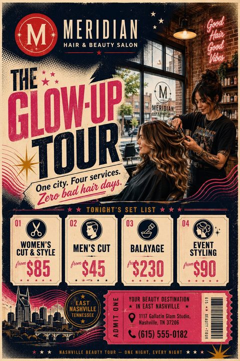 Retro-style flyer for a hair and beauty salon. The design resembles a vintage concert poster with a large photo of a stylist curling a client's hair. Text reads 'The Glow-Up Tour' above a 'Tonight's Set List' section detailing prices for women's cut.