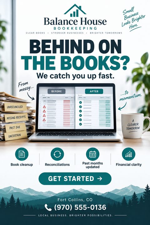 A bookkeeping services flyer featuring a laptop displaying a before-and-after spreadsheet comparison. A messy stack of papers sits to the left, with teal and navy text highlighting book cleanup and reconciliation services.