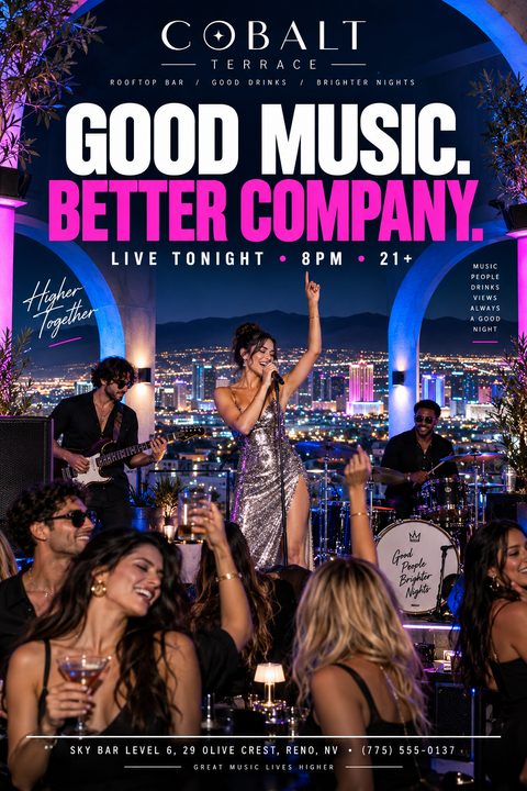 Flyer for a live music event at a rooftop bar, featuring a band performing with a city skyline in the background and the text 'Good Music. Better Company.'