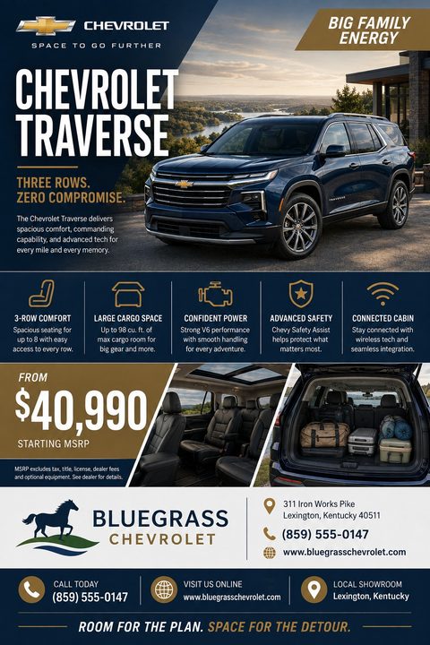 A car dealership flyer promoting a blue SUV. It features a large exterior shot, five key features with icons, two interior photos showing seating and cargo space, a starting price, and dealership contact information at the bottom.