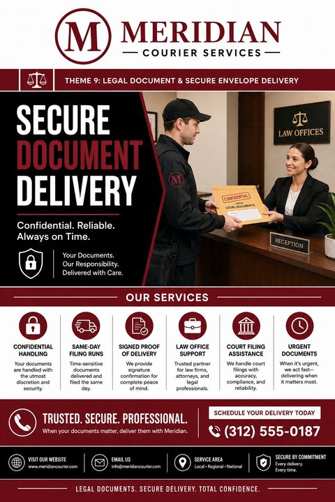 A professional flyer for secure document delivery services, featuring a photo of a courier handing a confidential envelope to a receptionist in a law office, with a list of services and contact information.