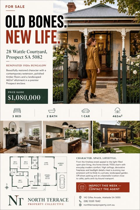 Elegant real estate for sale flyer featuring a large photo of a renovated bungalow, three smaller interior photos, a detailed floor plan, property details, price, and agent contact information on an off-white background.