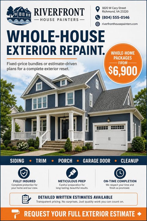 Flyer for Riverfront House Painters offering whole-house exterior repaints. Features a large photo of a blue two-story house, an orange circle with pricing, and icons for fully insured, meticulous prep, and on-time completion.